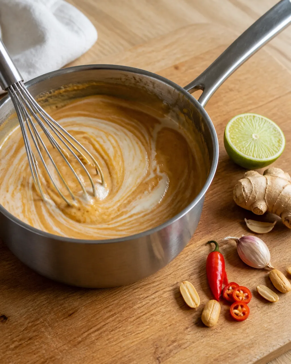 Creamy peanut coconut sauce with lime, ginger, garlic, chili, and peanuts in a small saucepan