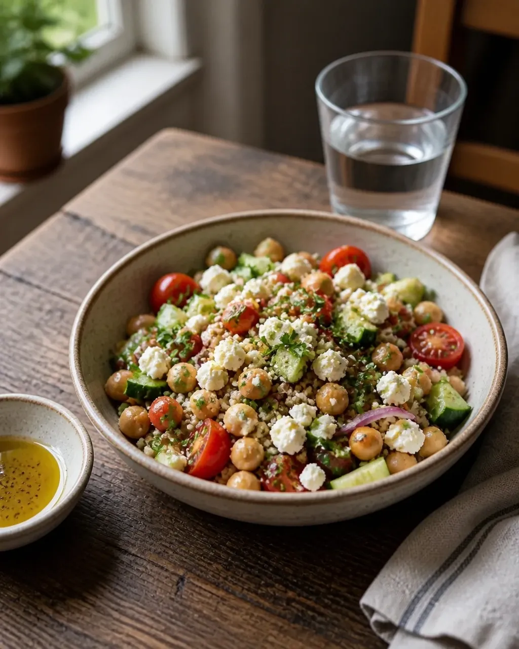 Greek chickpea and feta grain bowl served with a fresh cucumber and herb salad, lemon wedges, and a simple home-table setting