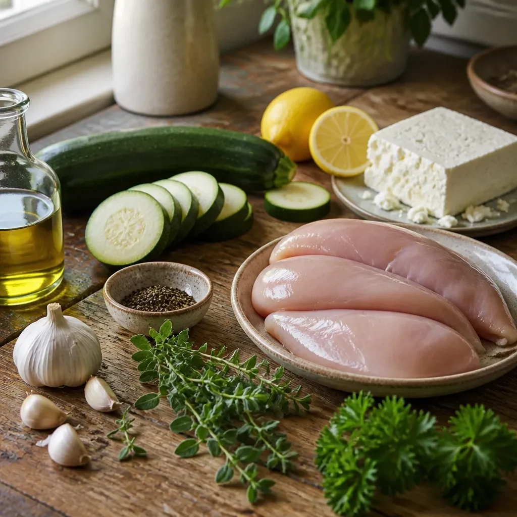 Fresh chicken, zucchini, lemon, feta, garlic, and herbs prepared for a sheet pan dinner