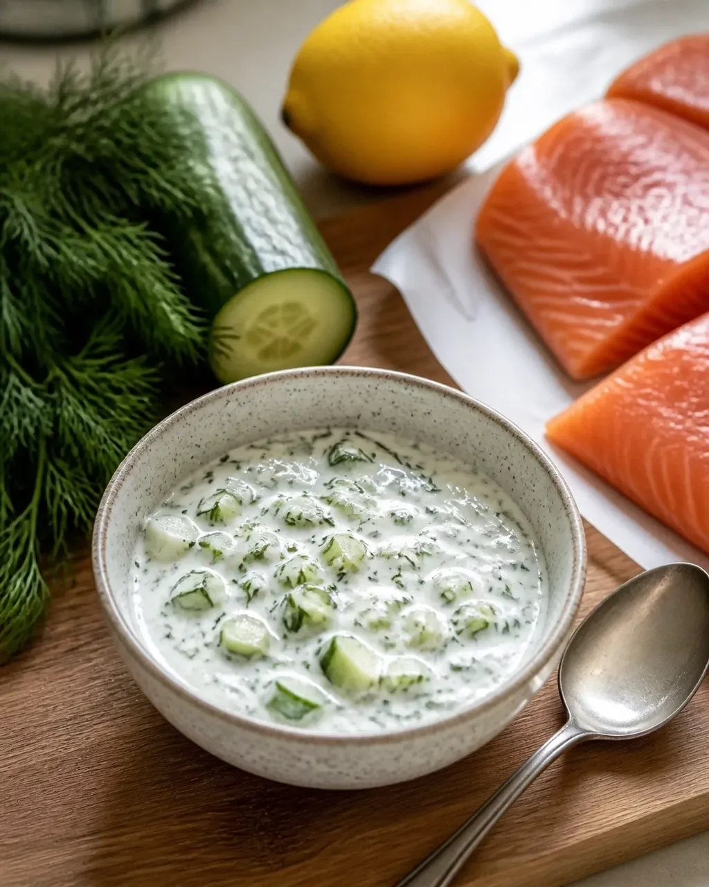 Cucumber dill sauce with fresh herbs and salmon ingredients in a home kitchen