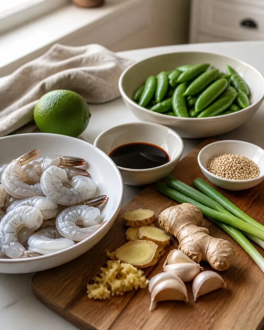 Raw shrimp, snap peas, ginger, scallions, garlic, sesame, and lime arranged for a quick skillet meal