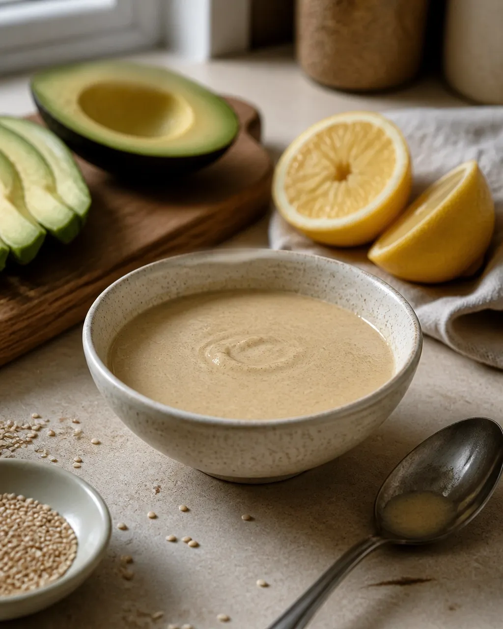 Creamy tahini-lemon dressing beside avocado, lemon halves, sesame seeds, and a spoon in natural daylight