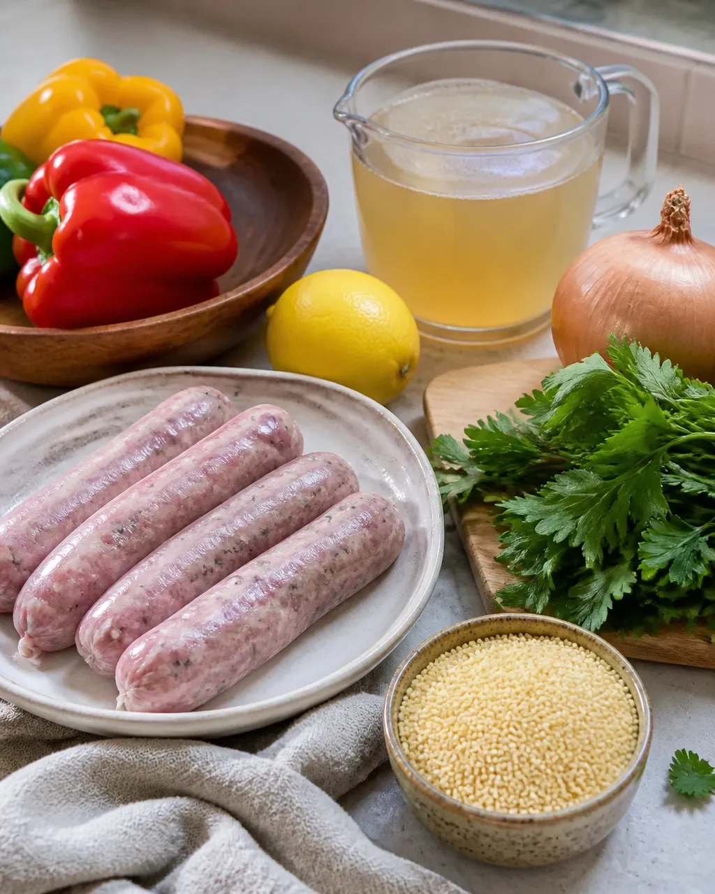 Raw chicken sausages, colorful bell peppers, onion, couscous, lemon, parsley, and broth arranged on a simple kitchen counter
