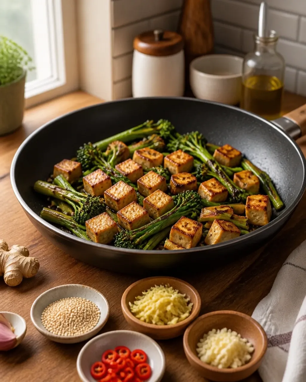 Crisp tofu cubes and broccolini in a skillet before the sesame sauce is added