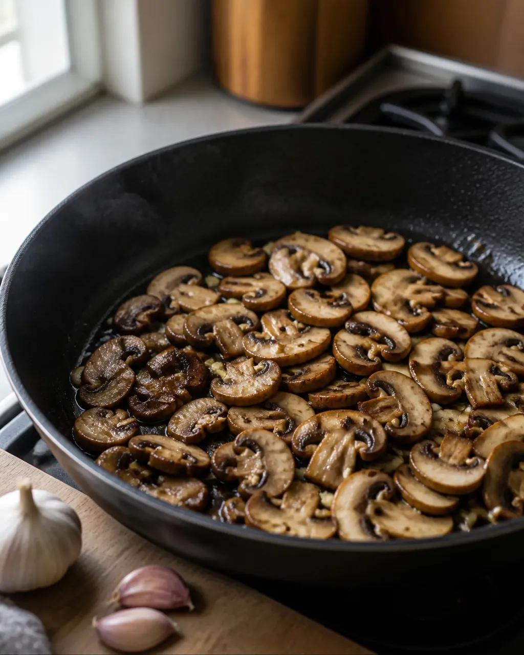 Sliced mushrooms browning in a skillet
