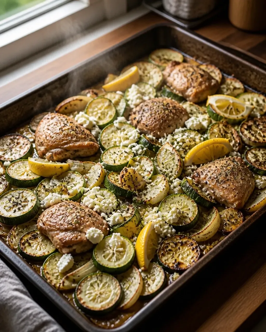 Roasted herb chicken and zucchini on a hot sheet pan with softened feta and lemon