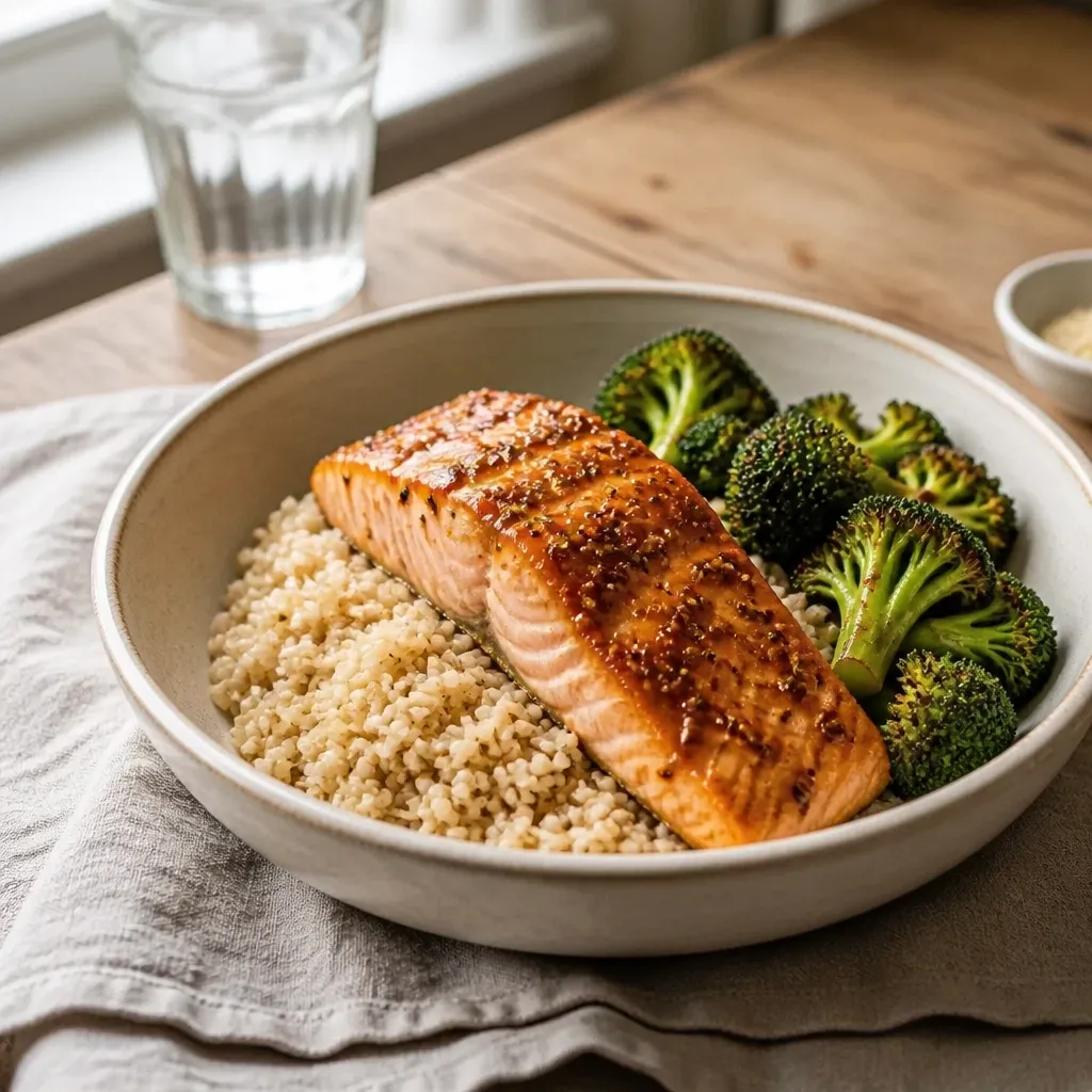 Maple Dijon glazed salmon served with roasted broccoli and brown rice