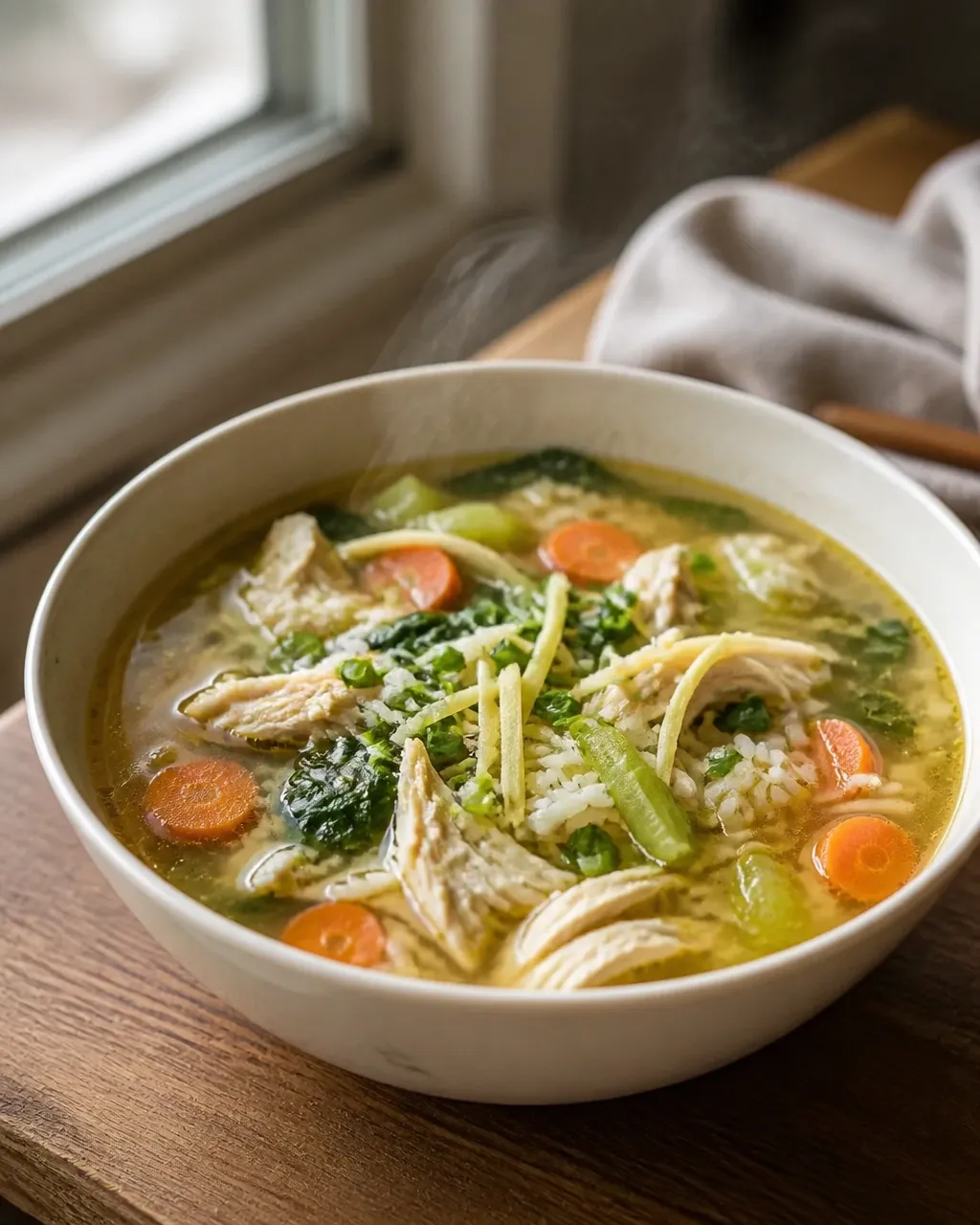 A close three-quarter view of ginger chicken and vegetable rice soup in a cream bowl with rice, chicken, carrots, greens, ginger, and scallions