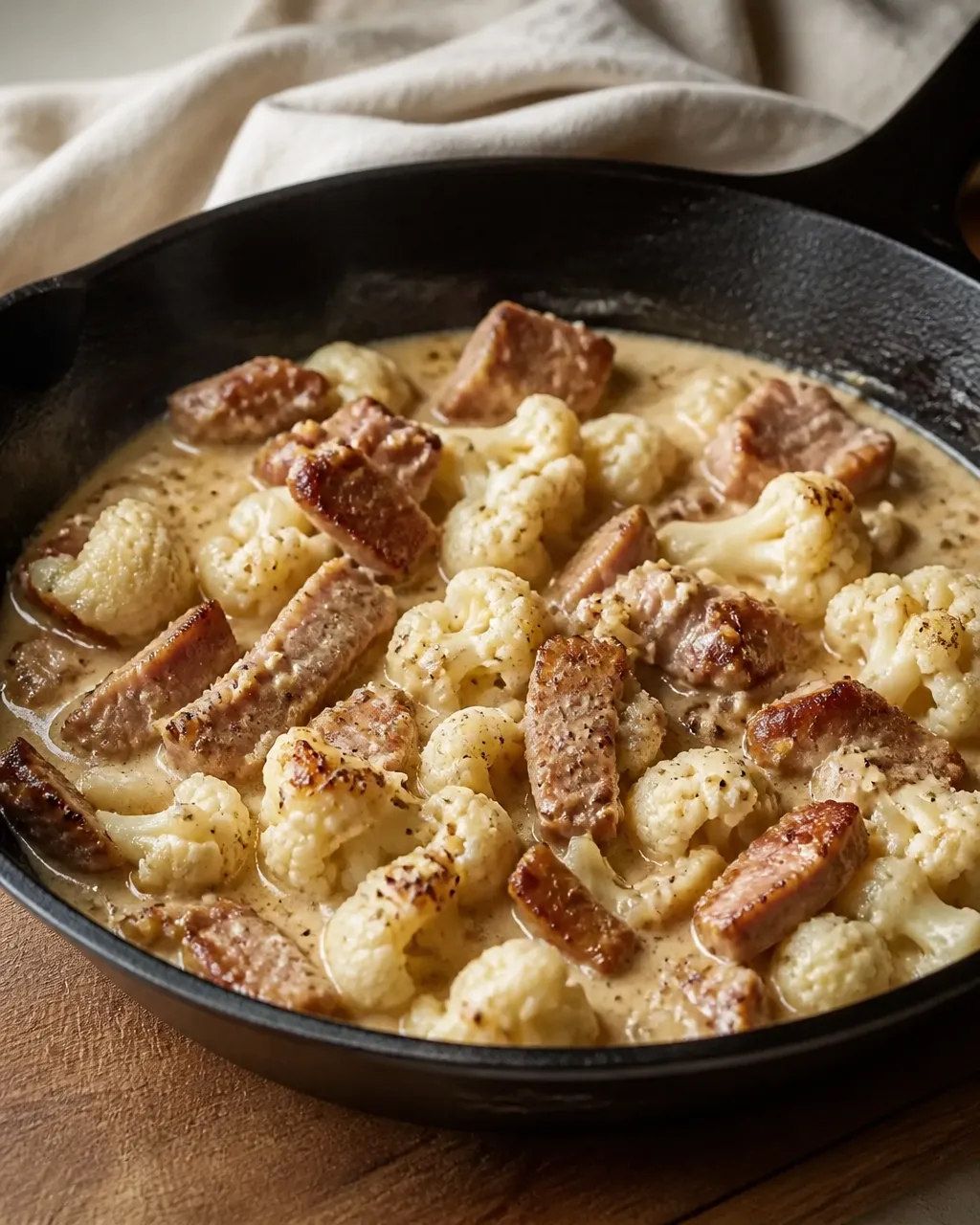 Creamy garlic pork and cauliflower gently simmering in a dark skillet