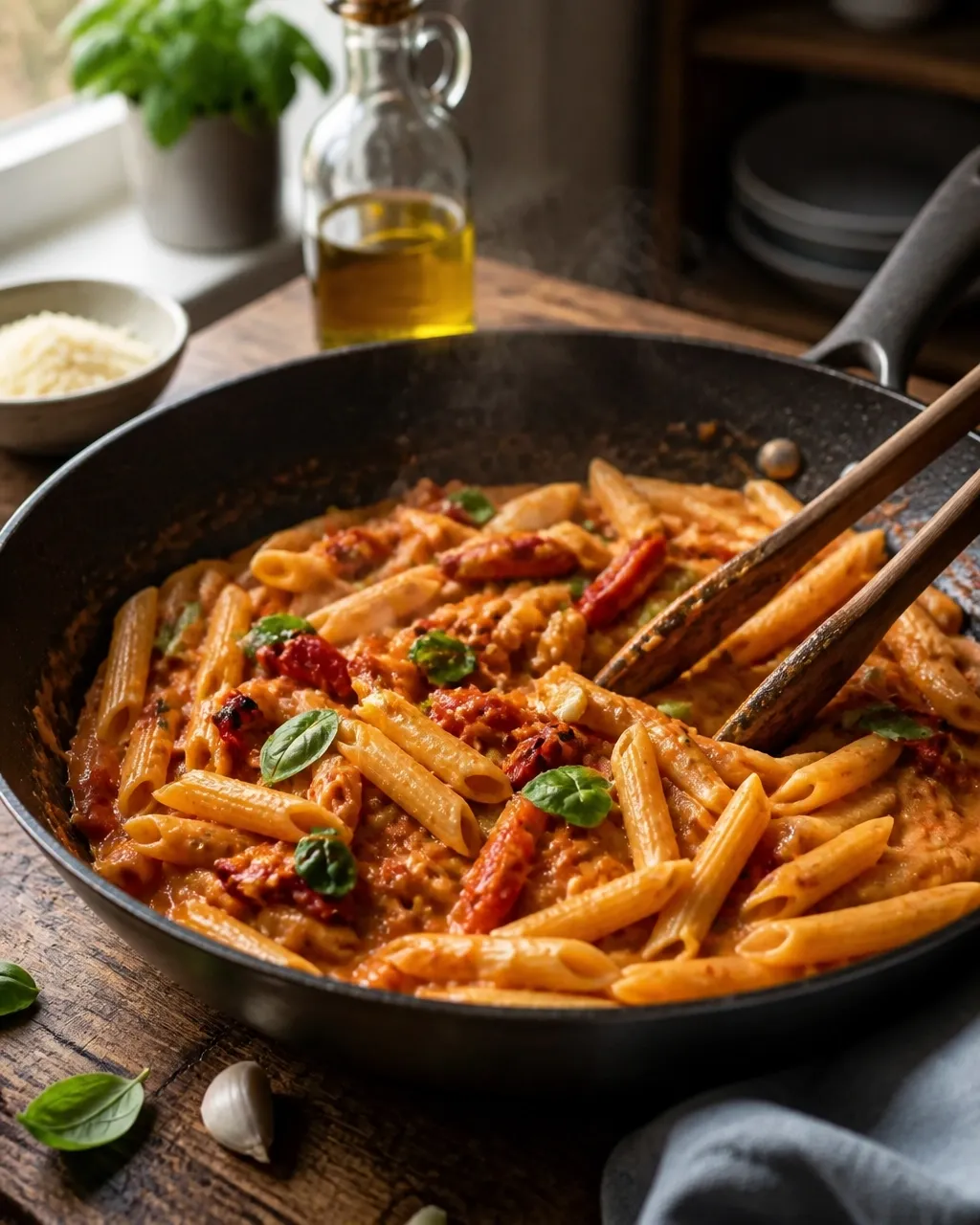 Roasted red pepper and tomato pasta being tossed in a wide skillet with basil and visible steam
