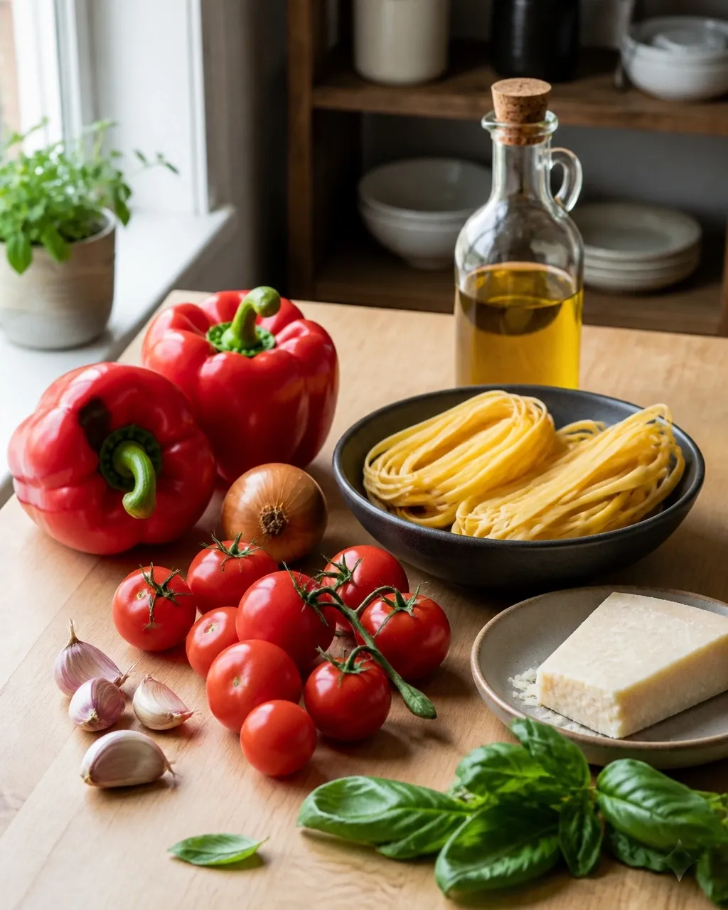 Fresh red peppers, tomatoes, garlic, basil, pasta, and Parmesan arranged on a home kitchen counter