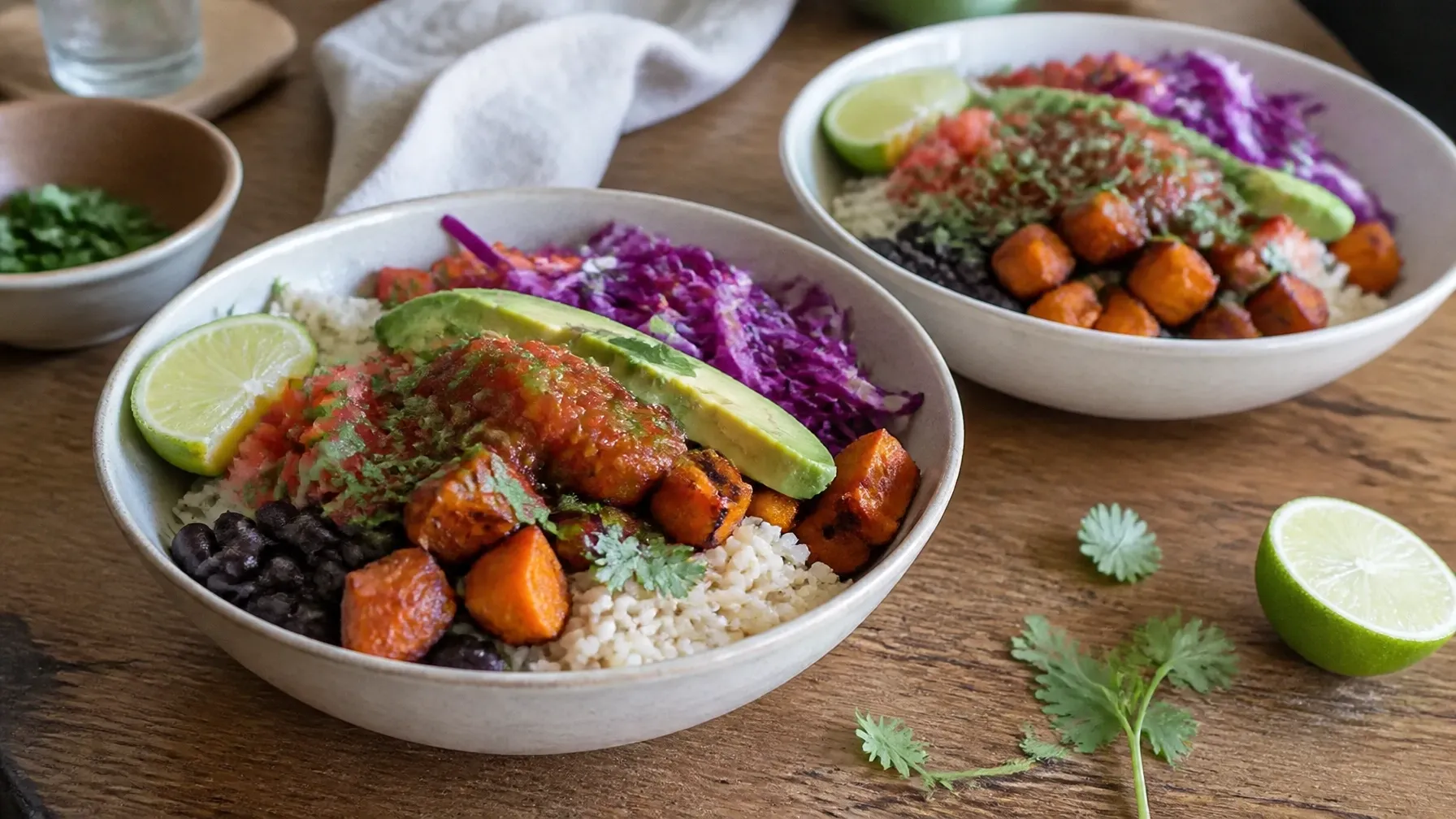 Two sweet potato and black bean burrito bowls served family-style with lime and fresh toppings