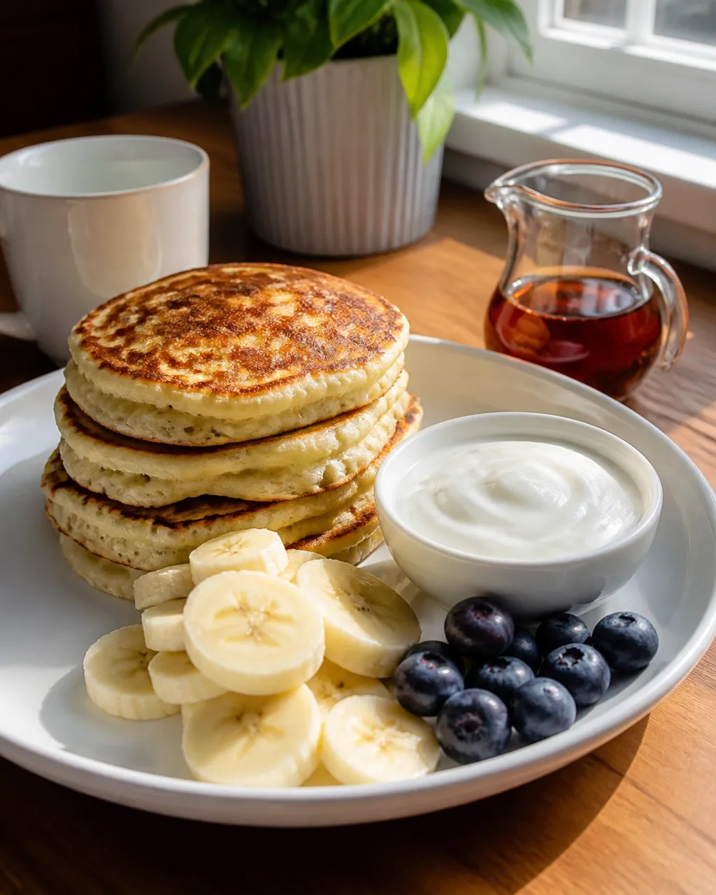 Cottage cheese protein pancakes served with Greek yogurt, banana, blueberries, and maple syrup