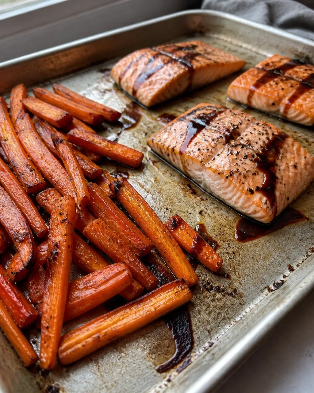 Sheet-pan salmon and roasted carrots with natural browning and home-kitchen texture
