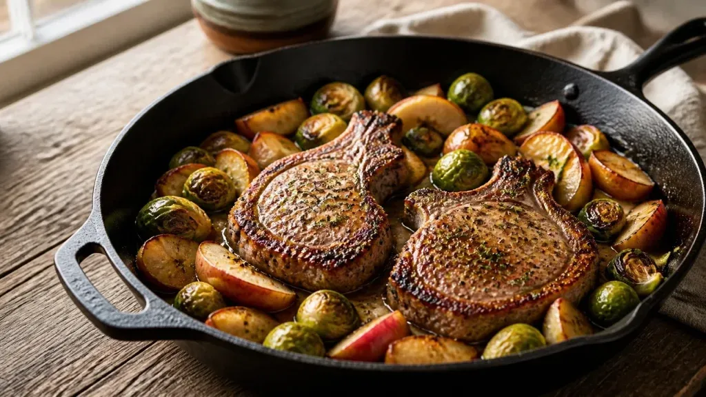Healthy Weeknight Dinners: One-Pan Pork Chops with Apples and Brussels Sprouts