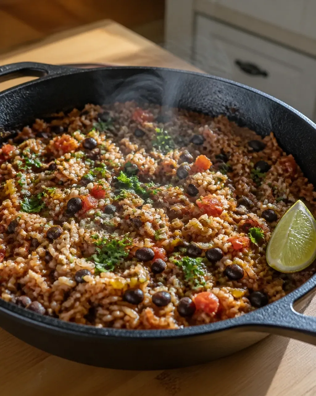 Close-up of smoky bean and rice skillet showing tender rice, beans, tomatoes, and browned edges