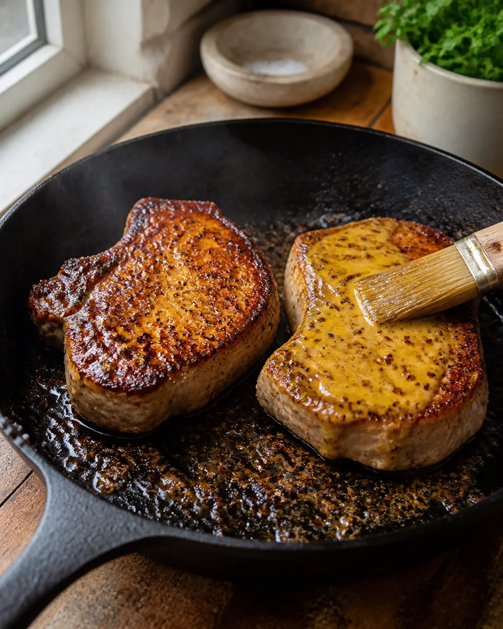 Pork chops searing in a cast-iron skillet with honey mustard glaze being added near the end