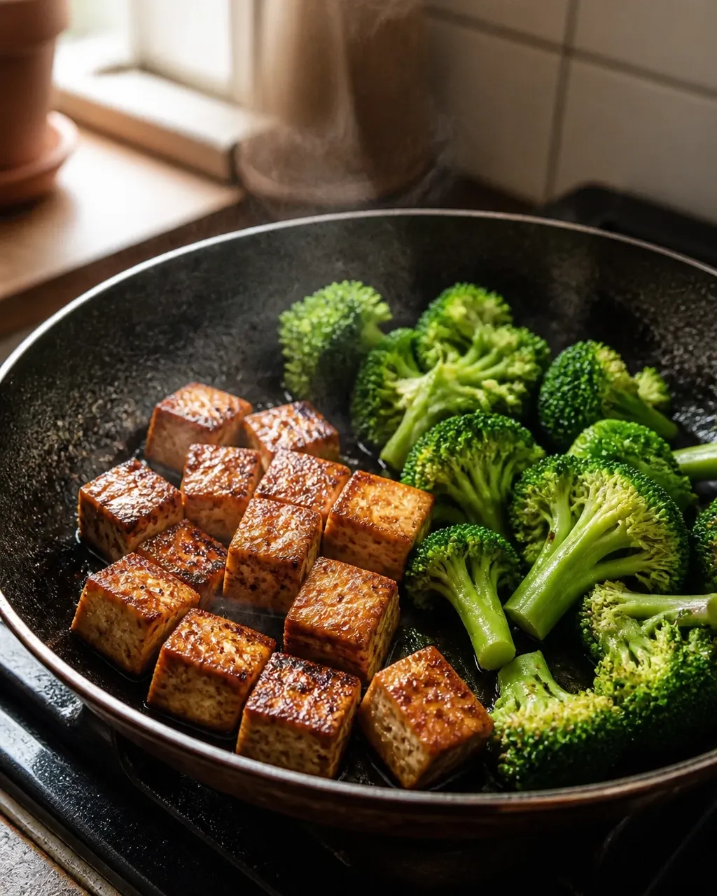 Tofu cubes browning in a skillet beside bright broccoli florets in a natural-light home kitchen