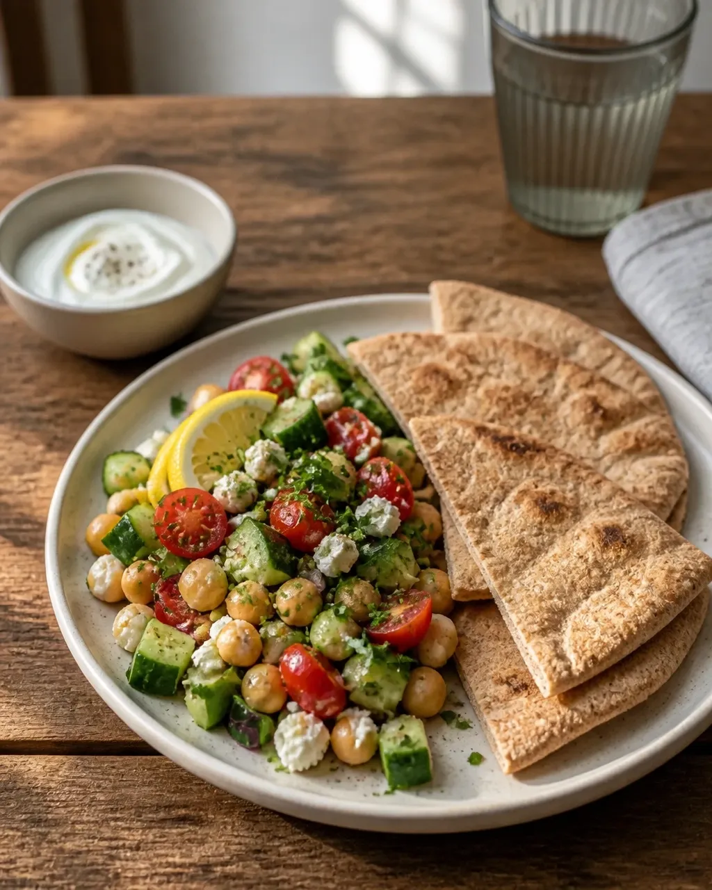 Mediterranean chickpea and cucumber salad served with whole-grain pita and yogurt