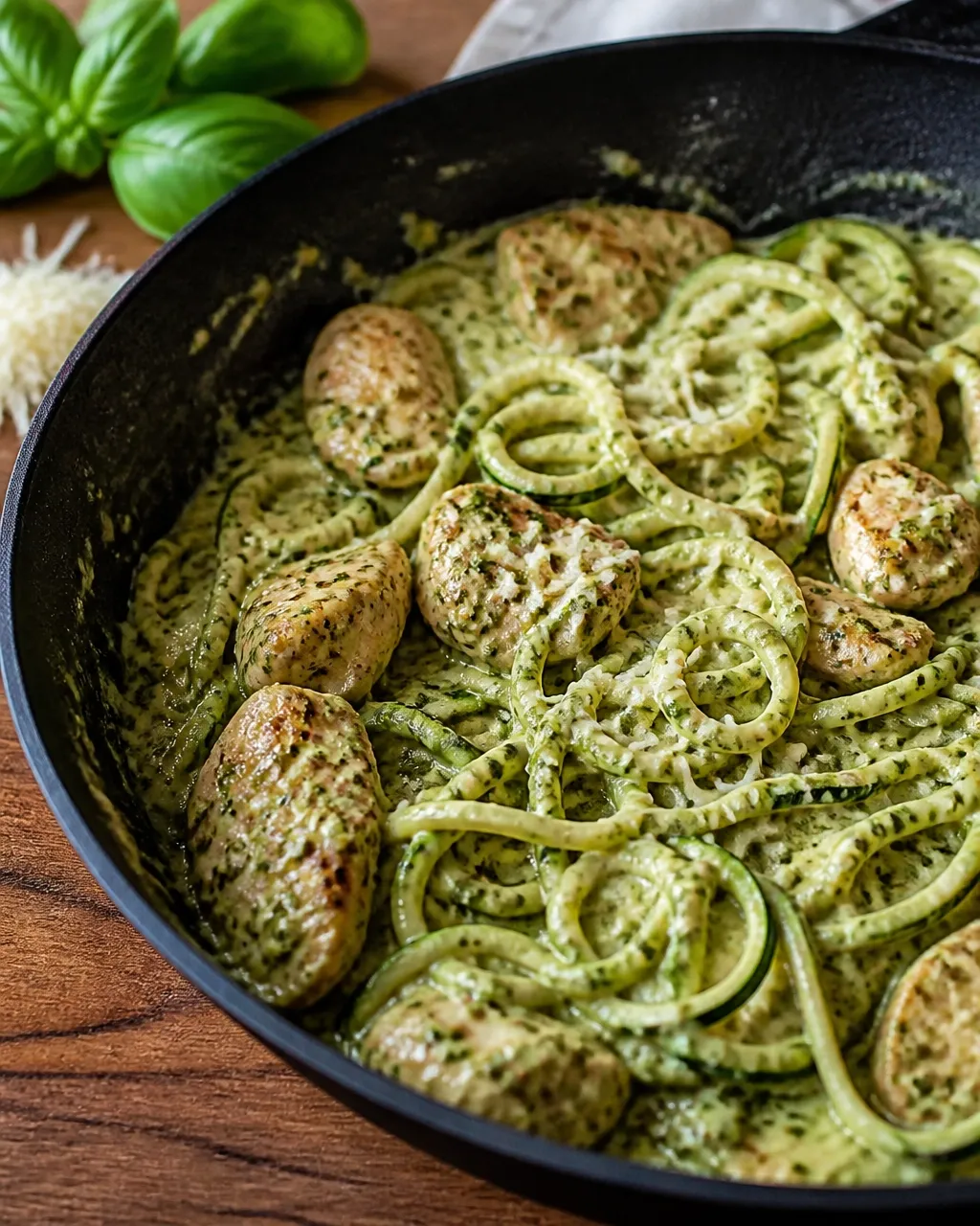 Creamy basil pesto sauce coating zucchini noodles with browned chicken in a skillet