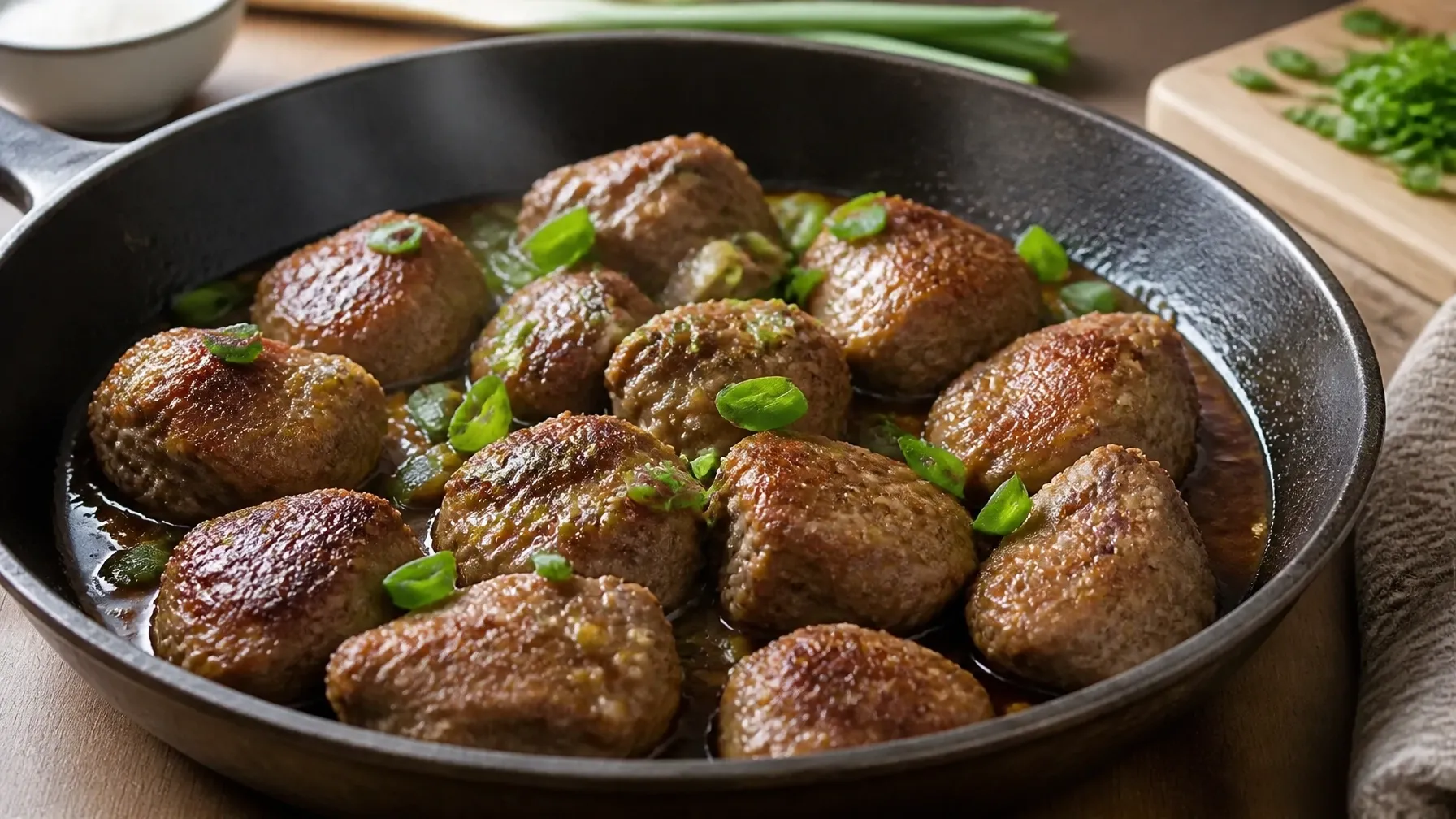 Honey garlic chicken meatballs browning in a skillet with green onion and sauce
