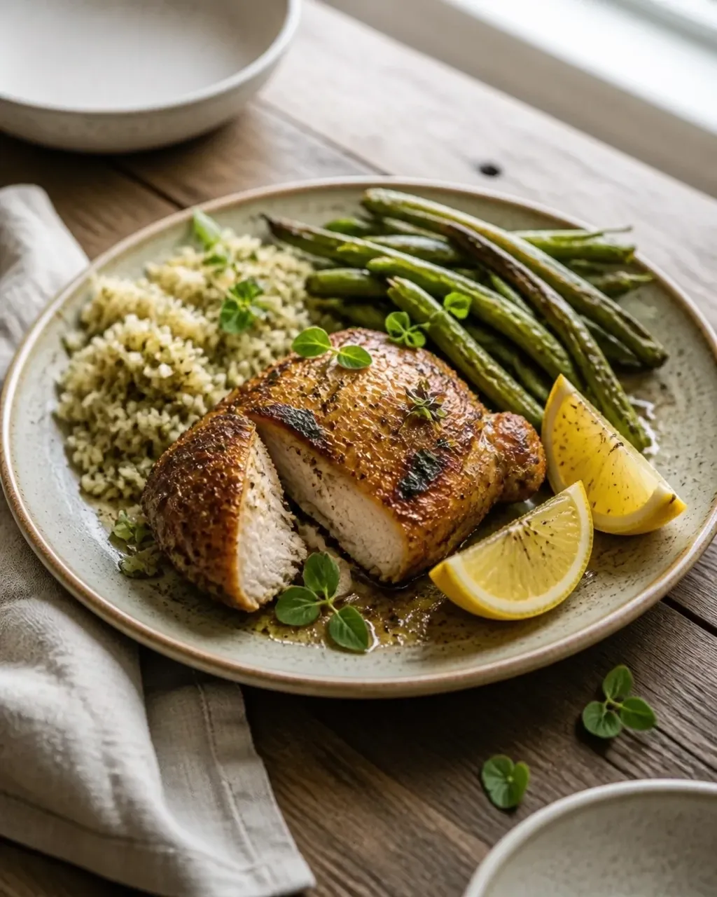 Juicy baked lemon oregano chicken thighs served with roasted green beans and herbed rice