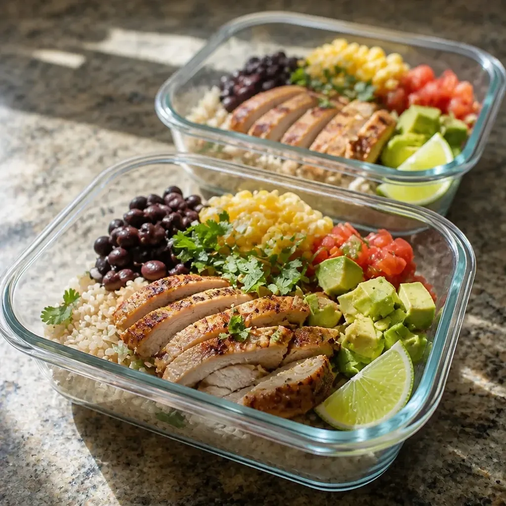 Two cilantro lime chicken and black bean meal-prep bowls in reusable containers