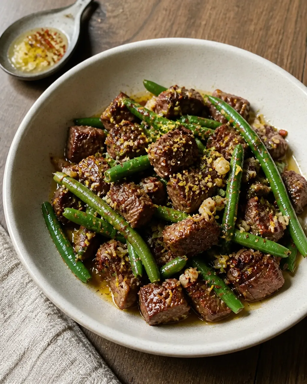 Finished garlic butter steak bites and green beans with lemon