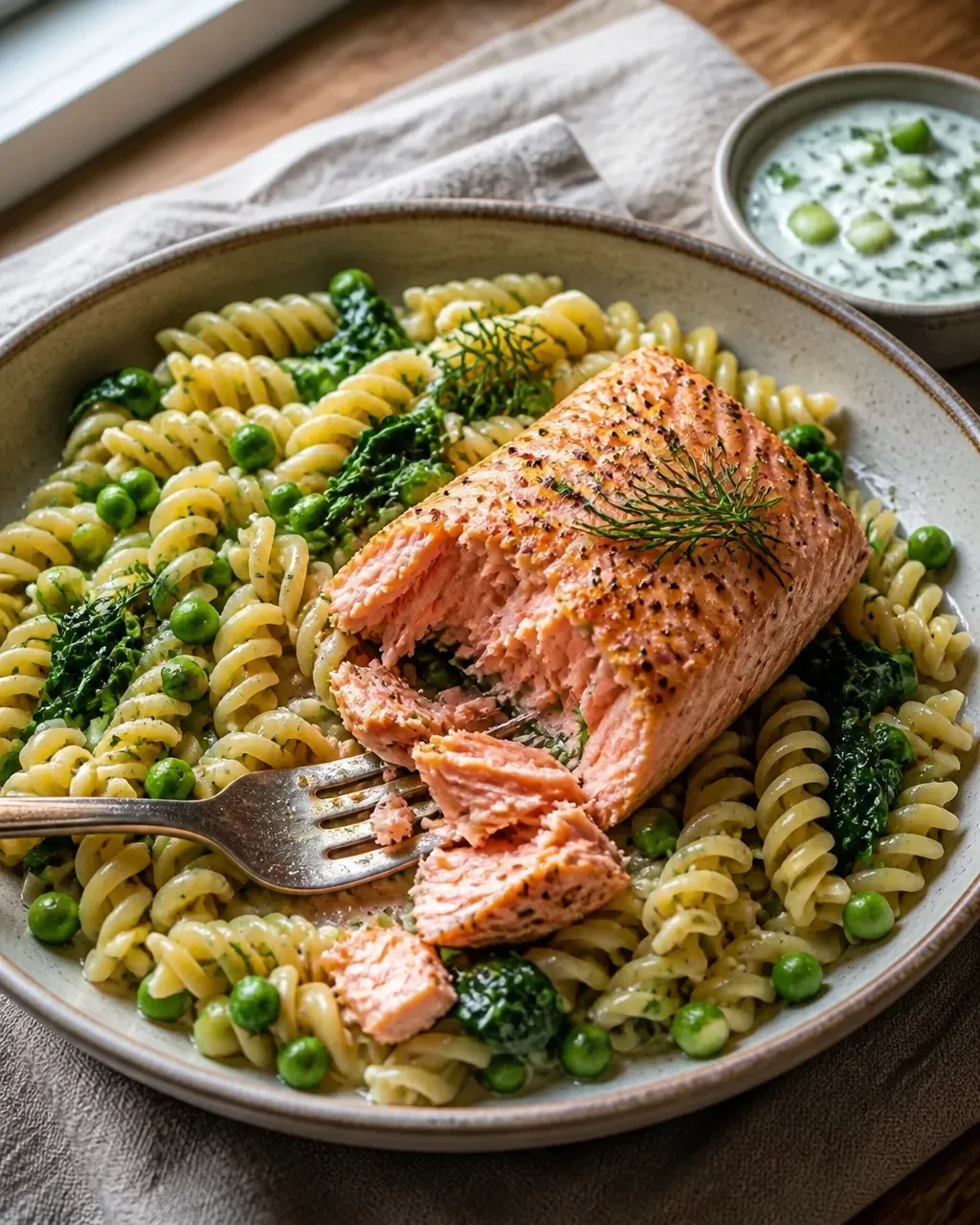 Moist baked salmon flaking beside a bowl of cucumber dill sauce