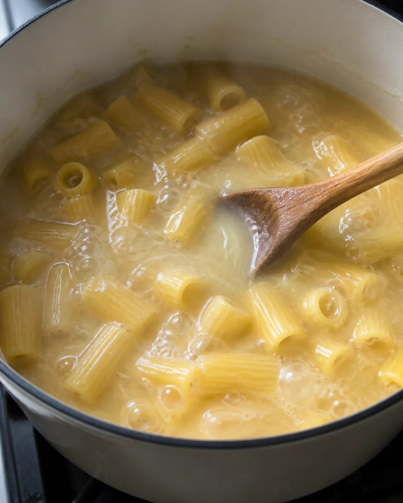 A pot of pasta simmering and thickening on the stove