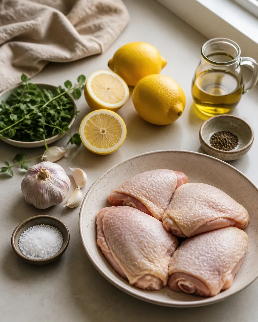 Raw chicken thighs, lemons, oregano, garlic, olive oil, and seasoning on a kitchen counter