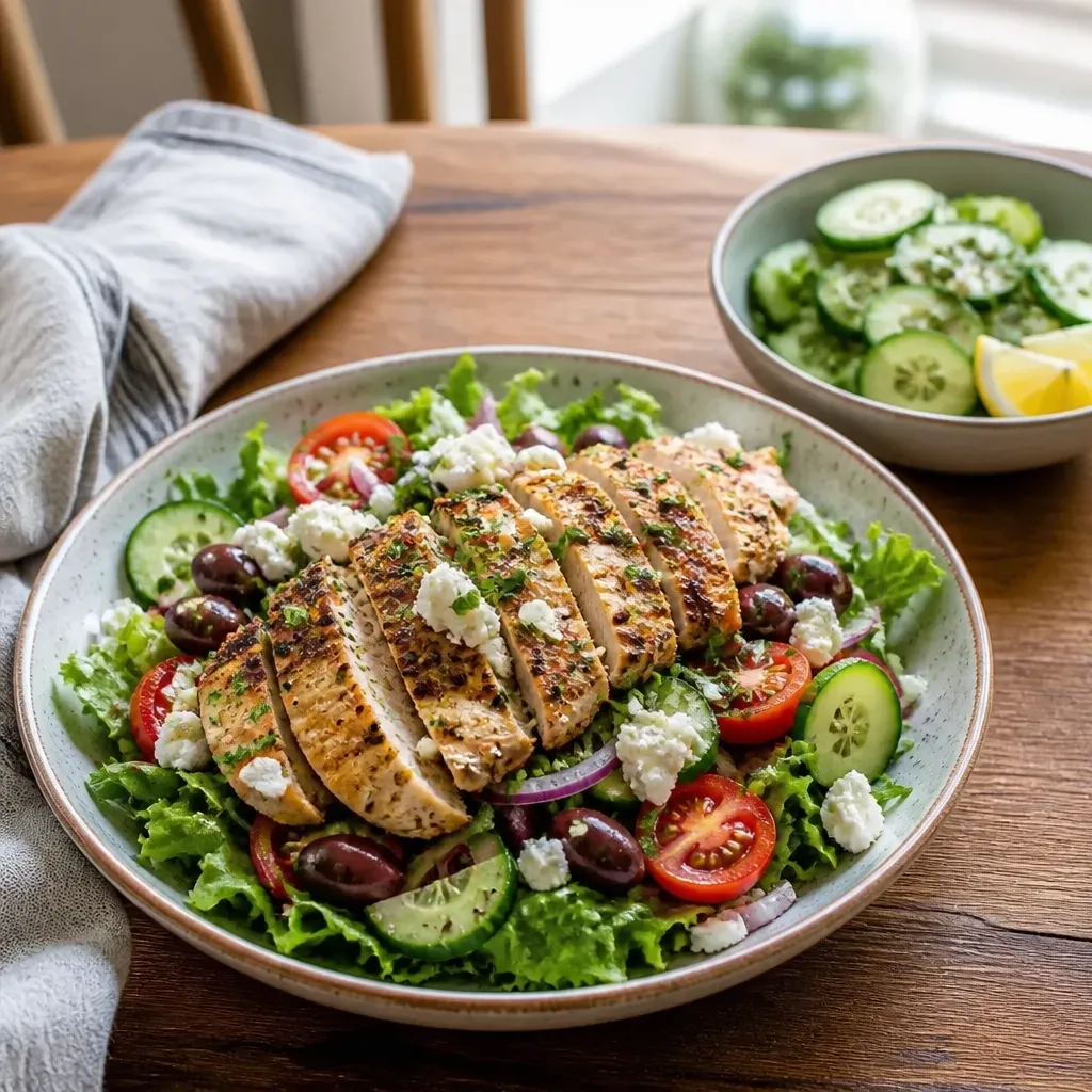 Mediterranean chicken salad with feta served over leafy greens in a simple home-kitchen setting