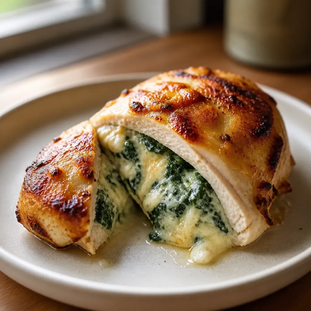 A close-up of cheesy spinach filling inside a browned stuffed chicken breast