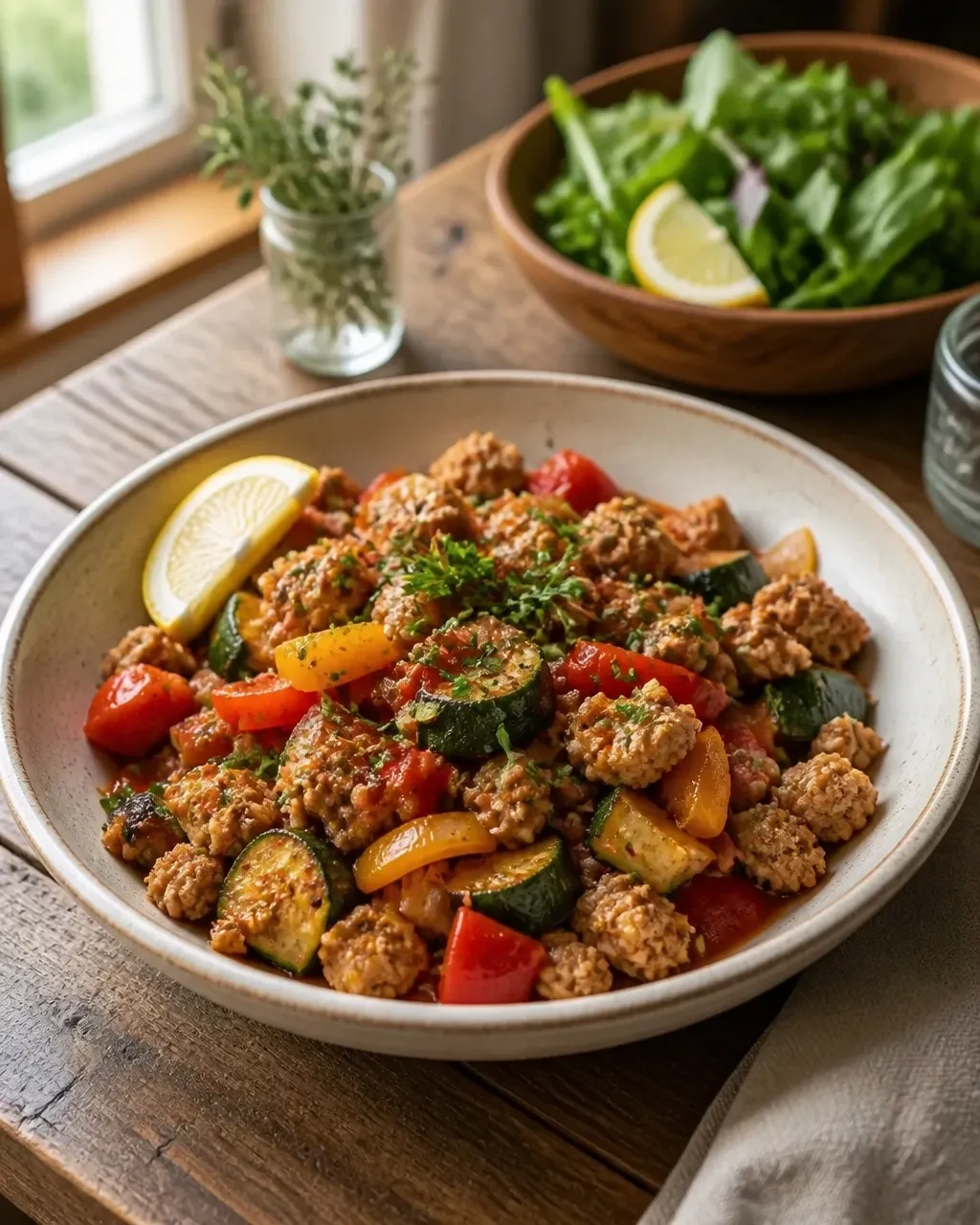 Garlic herb turkey and vegetable skillet served with a crisp lemony salad