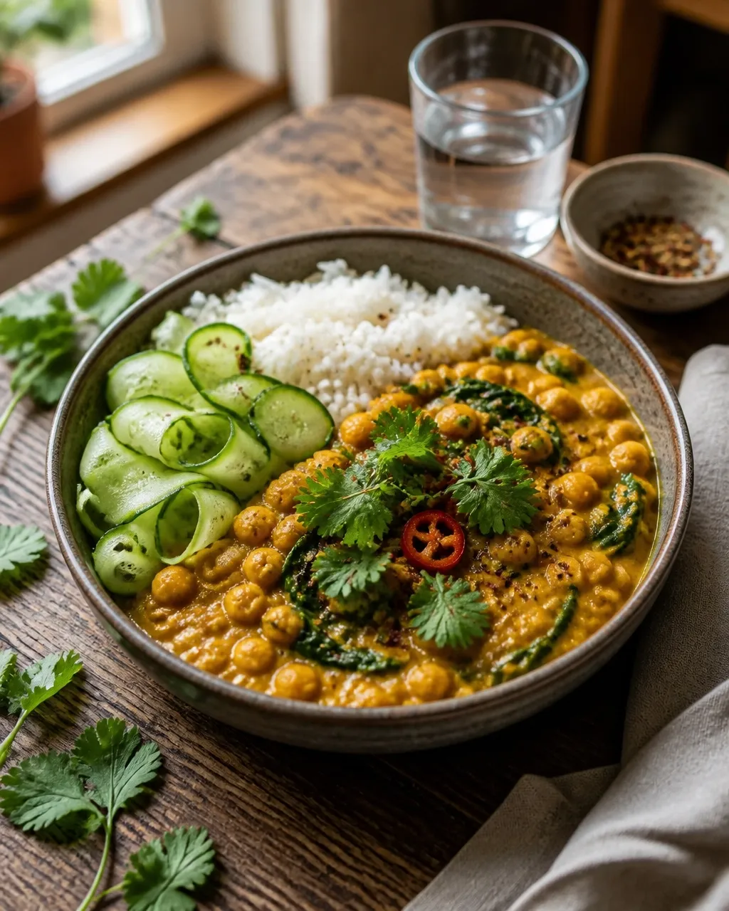 Finished coconut chickpea curry with rice, herbs, lime, and a casually plated home-cooked texture