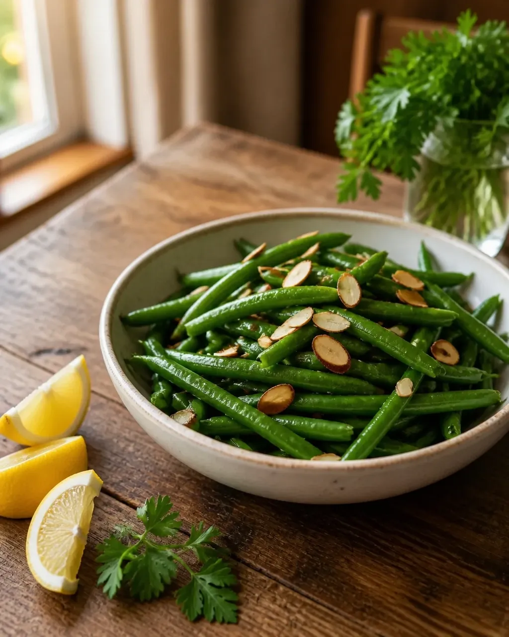 Lemony green beans with toasted almonds in a rustic serving bowl