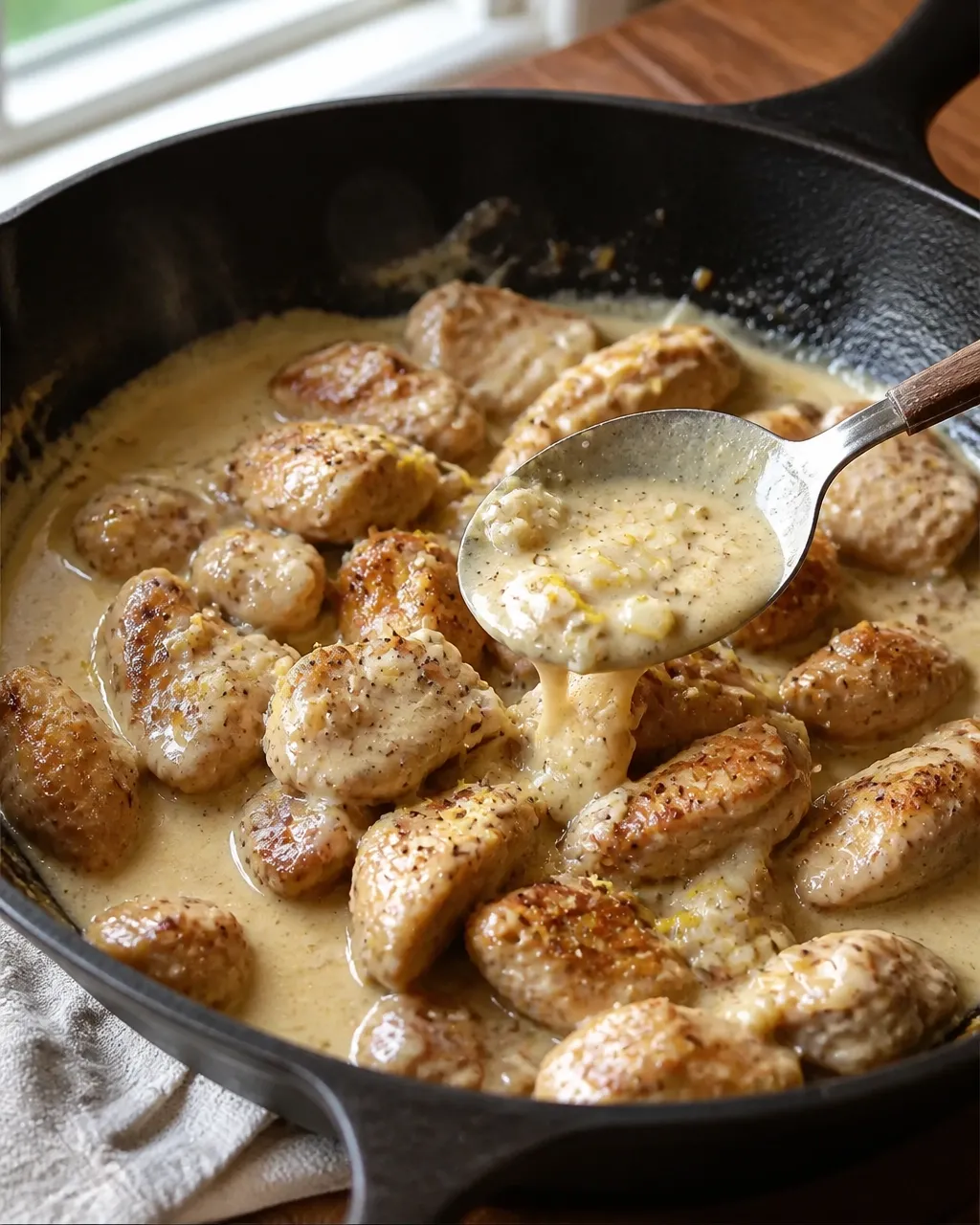 Creamy lemon garlic butter chicken sauce coating browned chicken