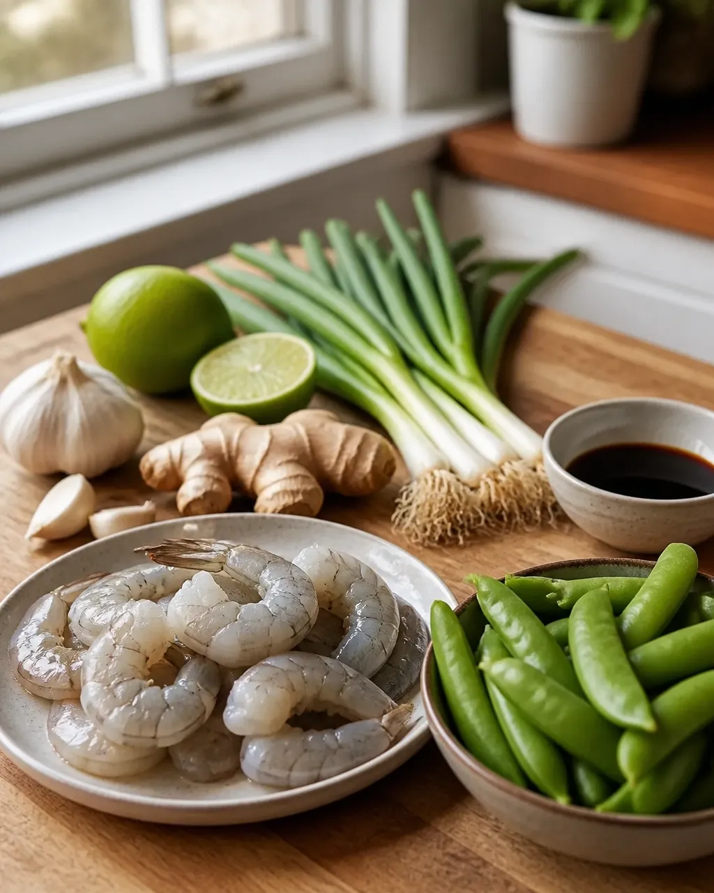 Fresh shrimp, sugar snap peas, ginger, lime, garlic, and scallions ready for a quick stir-fry