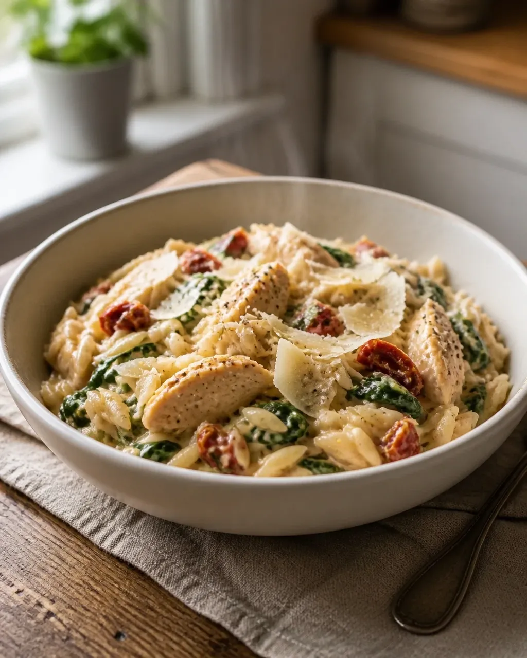 A generous serving of creamy sun-dried tomato chicken orzo on a rustic table