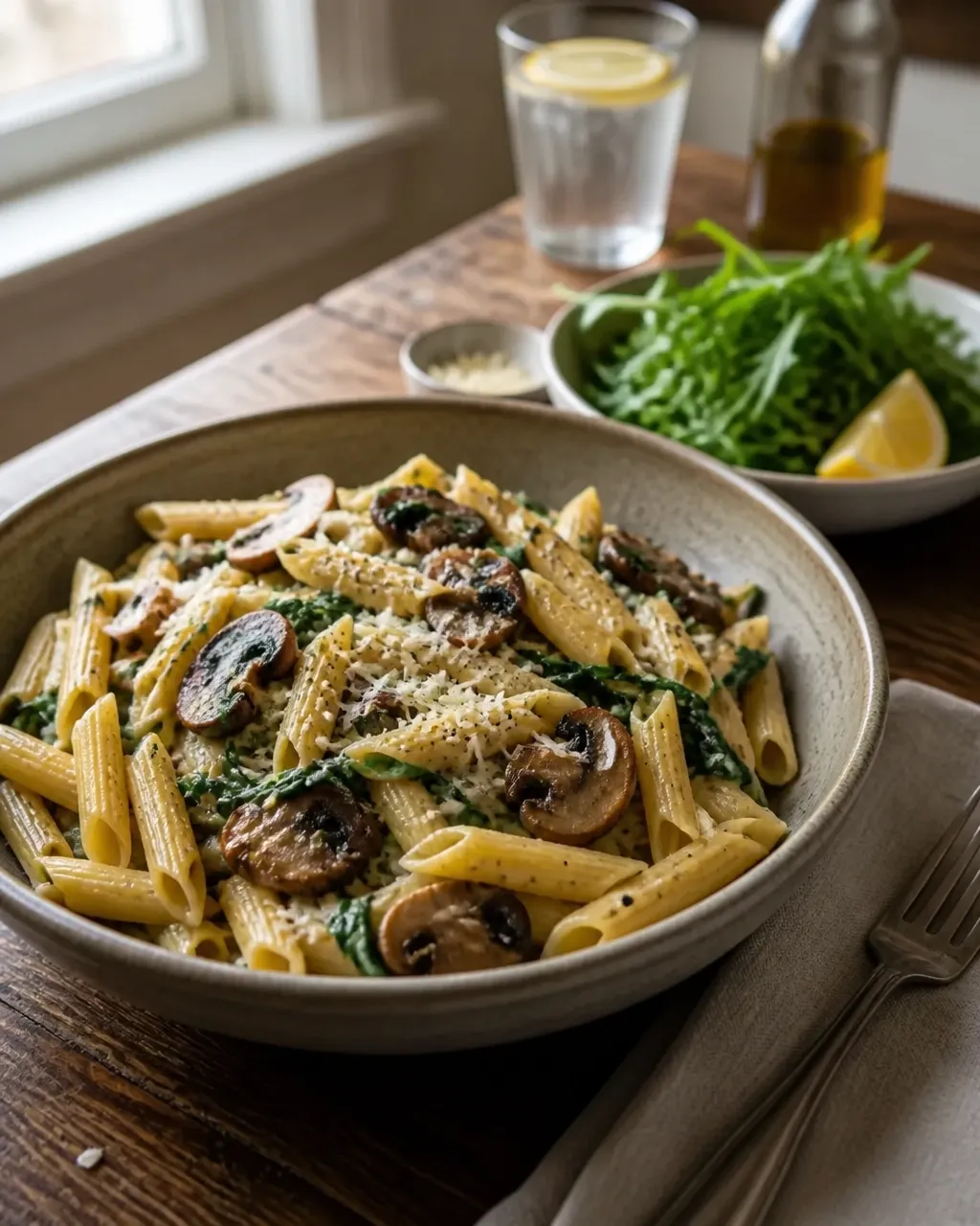 Creamy mushroom spinach penne served beside a simple lemony arugula salad