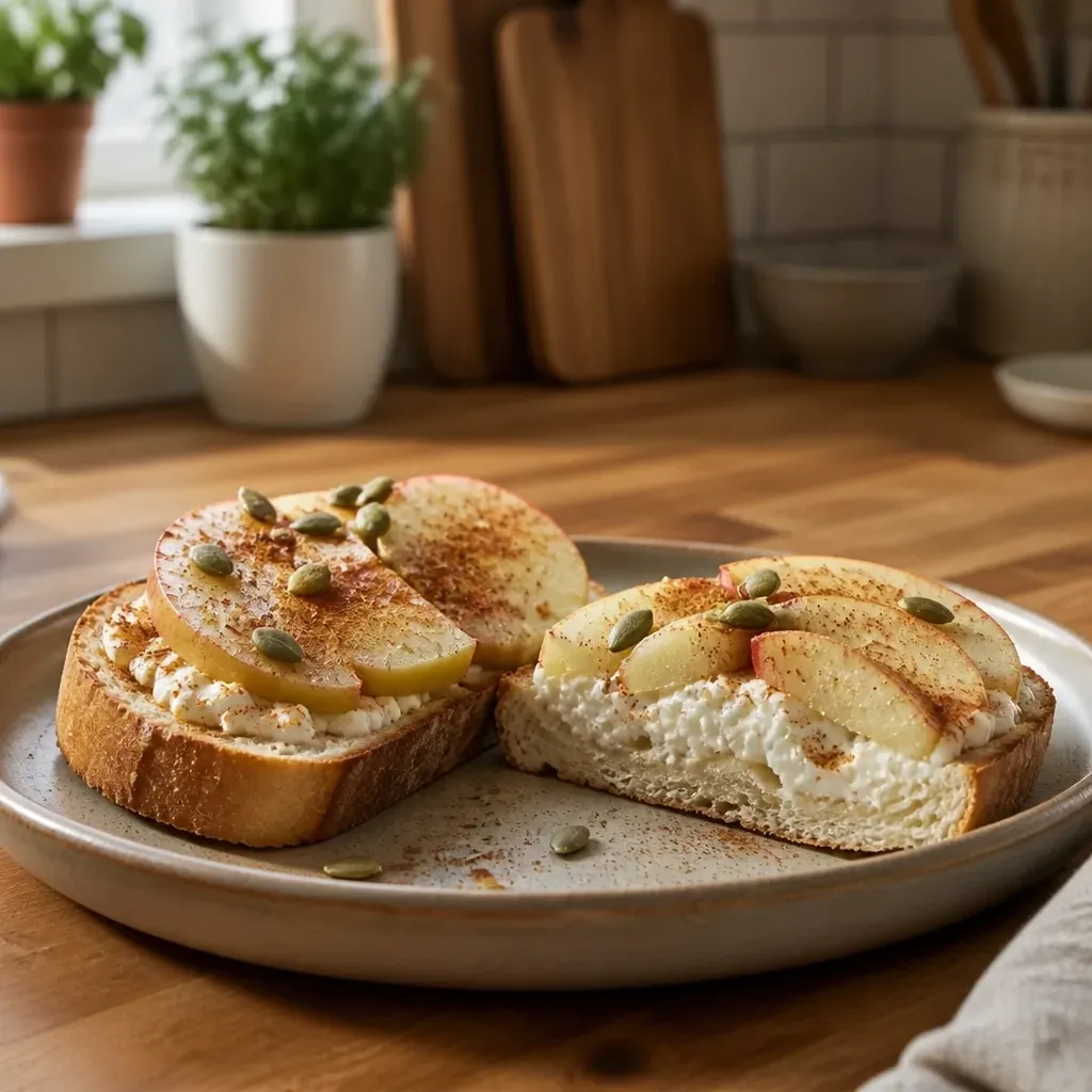 Two slices of cinnamon apple cottage cheese toast served casually on a ceramic plate