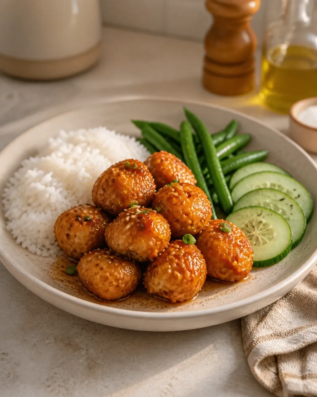 Honey garlic chicken meatballs served with rice, green beans, and cucumber for a balanced dinner