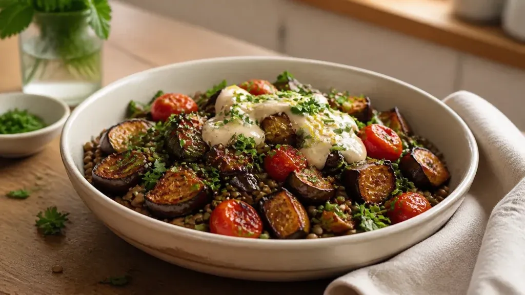 Plant-Based Dinner Ideas: Roasted Eggplant and Lentil Tomato Bowls