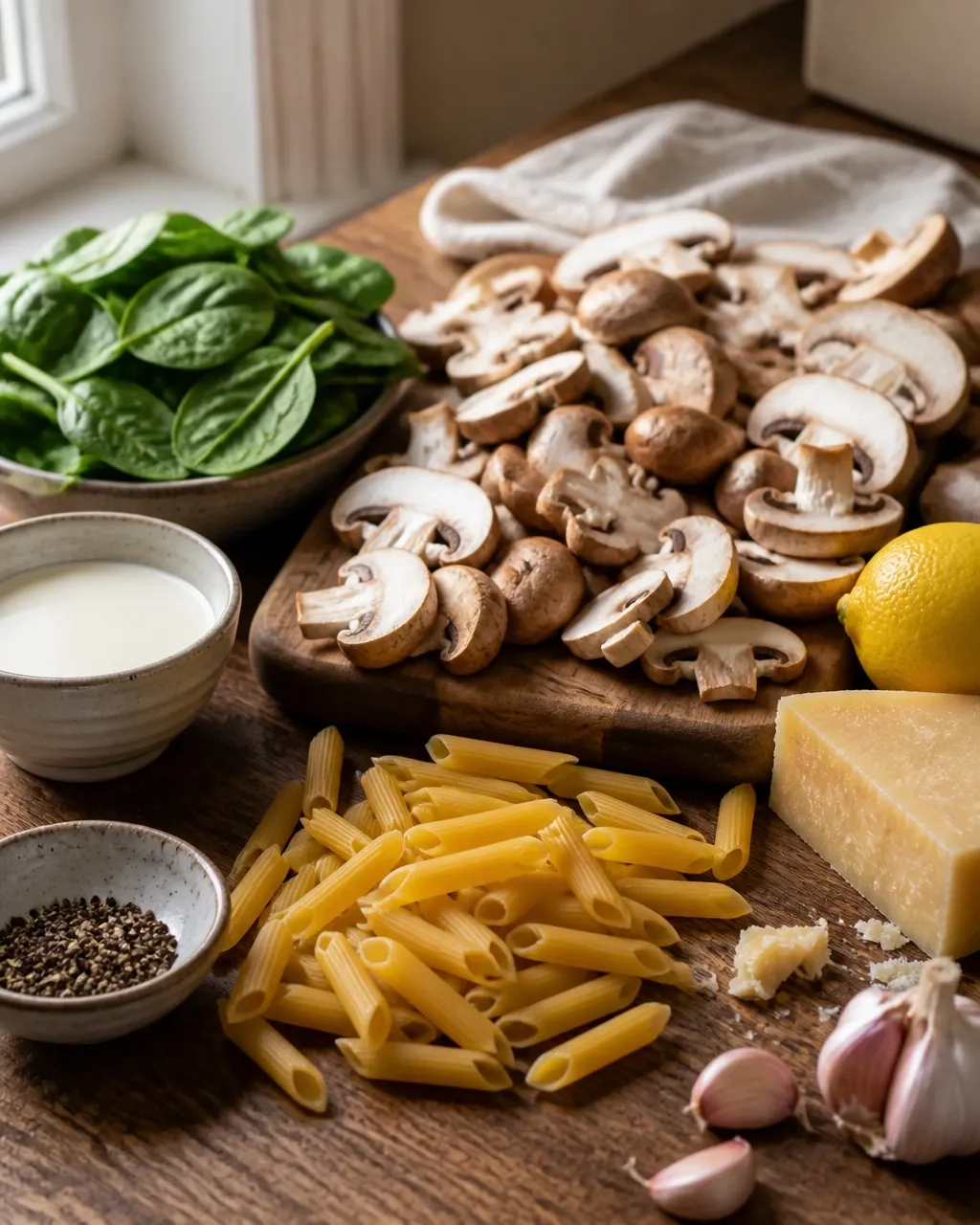 Fresh mushrooms, spinach, penne, garlic, Parmesan, cream, and lemon ready for cooking