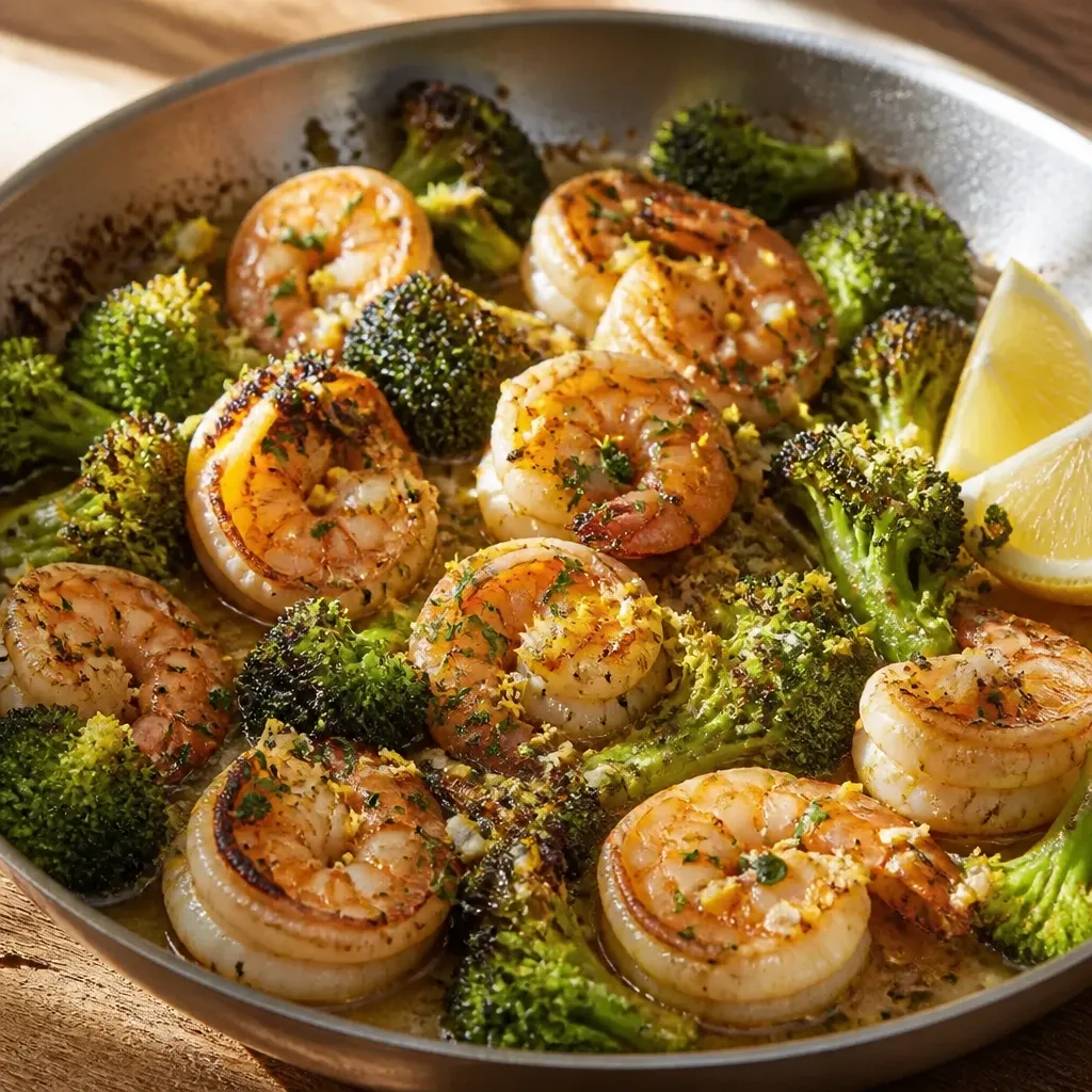 Close-up of browned lemon garlic shrimp and roasted broccoli