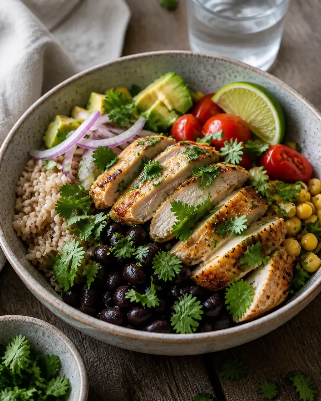 Close-up of sliced cilantro lime chicken and black bean bowl in warm natural light