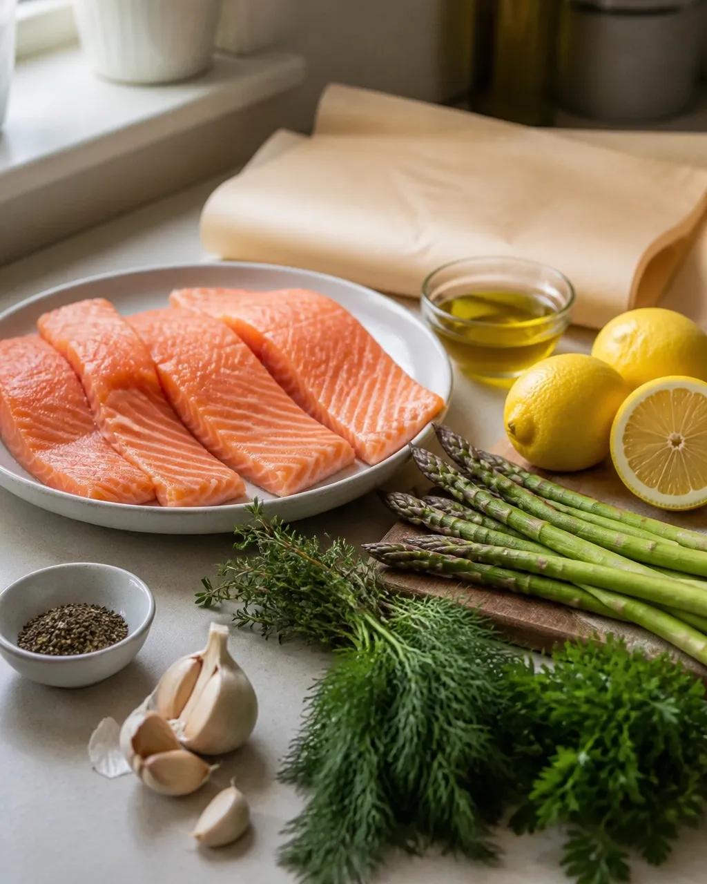 Fresh salmon, asparagus, lemons, garlic, and herbs arranged on a kitchen worktop