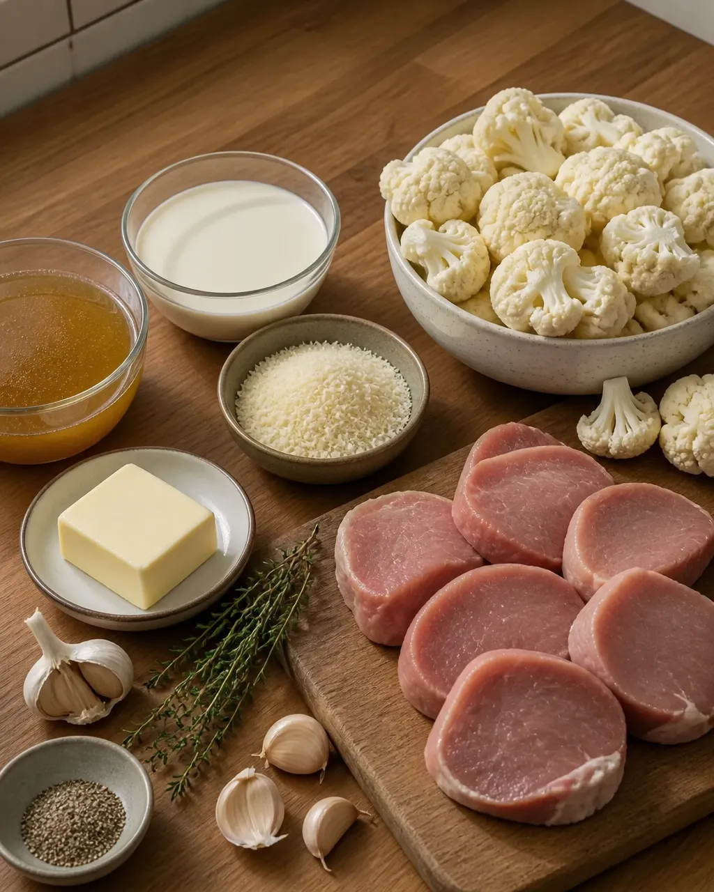 Raw pork, cauliflower, garlic, cream, Parmesan, and herbs arranged on a wooden kitchen counter
