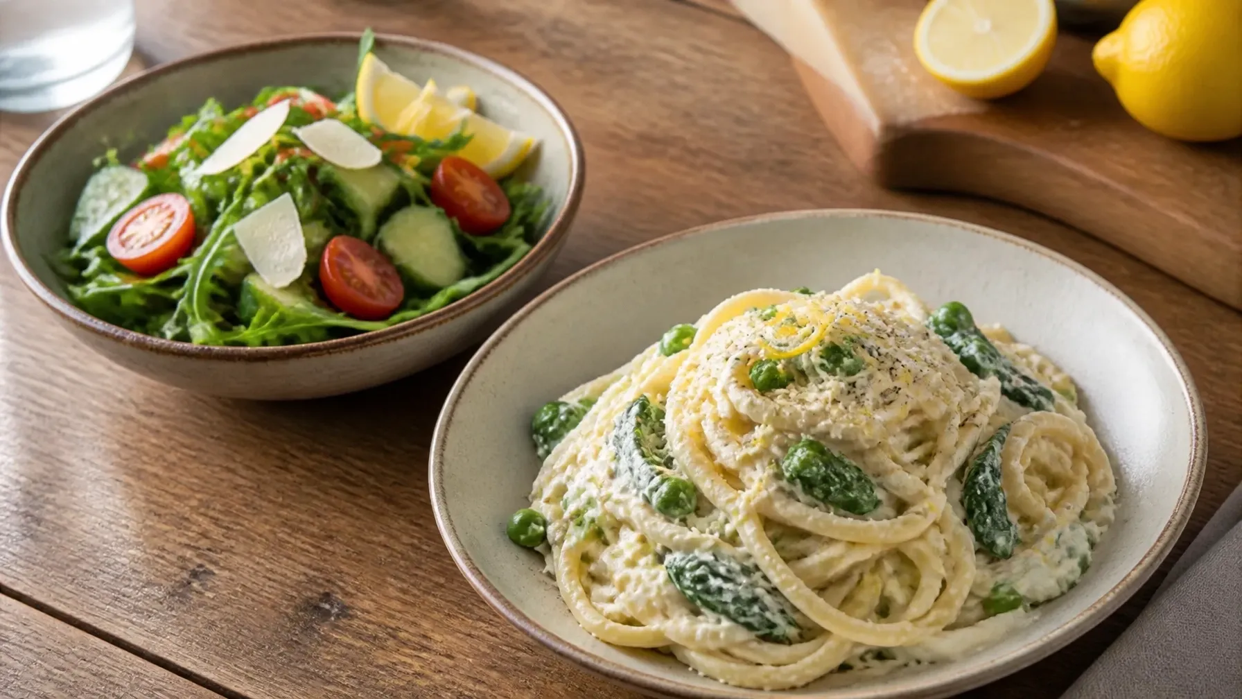 Arugula salad served beside lemon ricotta pasta with spinach and peas