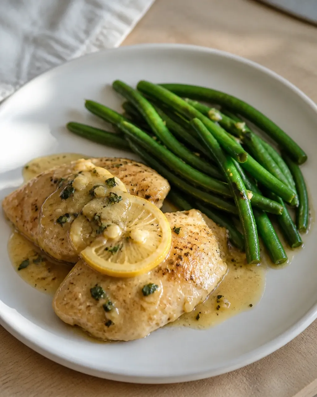 A casual plated serving of creamy lemon chicken with green beans